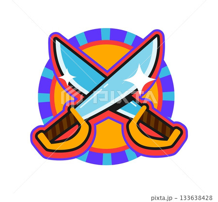 Pirate sword vintage Y2K sticker or label. Filibuster treasure hunting Y2K label, piracy and nautical vintage vector patch. Pirate marine retro sticker or tag with crossed cutlass swords Pirate sword vintage Y2K sticker or label. Filibuster treasure hunting Y2K label, piracy and nautical vintage vector patch. Pirate marine retro sticker or tag with crossed cutlass swords 133638428