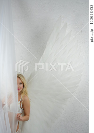 Beauty woman with angel wings in a studio setting 133638452