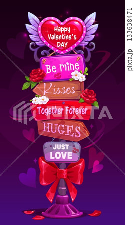 Valentine day wooden sign board, love holiday signage cartoon signboard, adorned with romantic messages, daisy flowers, red roses, winged heart and glossy bow on a forged metal pole, road pointer Valentine day wooden sign board, love holiday signage cartoon signboard, adorned with romantic messages, daisy flowers, red roses, winged heart and glossy bow on a forged metal pole, road pointer 133638471