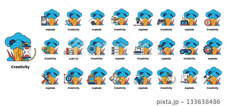 set of illustrations in the concept of bombs and creativity in a line style 133638486