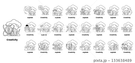 set of illustrations in the concept of bombs and creativity in a line style 133638489