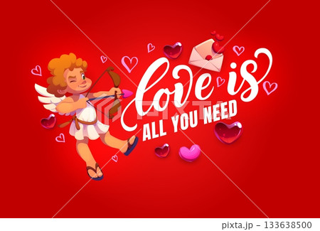 Love is all you need valentines day quote phrase. Vector delightful romantic greeting card featuring cute cherub aiming with a bow, surrounded by flying hearts, and letter envelope on red background Love is all you need valentines day quote phrase. Vector delightful romantic greeting card featuring cute cherub aiming with a bow, surrounded by flying hearts, and letter envelope on red background 133638500