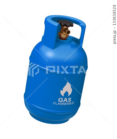 Gas cylinder in 3D with flammable warning sign of liquid gas or LPG, vector blue container. Realistic gas cylinder or metal tank canister for oxygen, propane, or butane, and nitrogen gas cylinder 133638528