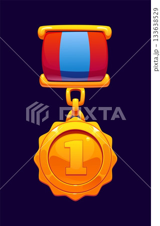 Game medal with number 1 gold award badge for victory or achievement trophy, vector icon. Winner medal or gold medallion with chevron ribbon for first place and level award and victory trophy badge Game medal with number 1 gold award badge for victory or achievement trophy, vector icon. Winner medal or gold medallion with chevron ribbon for first place and level award and victory trophy badge 133638529