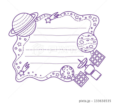 Space galaxy planets kids memo note template. Kids daily schedule vector frame, child planner checklist page. Scrapbook memo note frame or template with solar system planets, satellite and comets 133638535