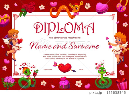 Valentines diploma certificate with cherubs, snakes and hearts. Cartoon vector charming layout template featuring cupids, roses, desserts, gift boxes, love and romantic decorations on red border Valentines diploma certificate with cherubs, snakes and hearts. Cartoon vector charming layout template featuring cupids, roses, desserts, gift boxes, love and romantic decorations on red border 133638546