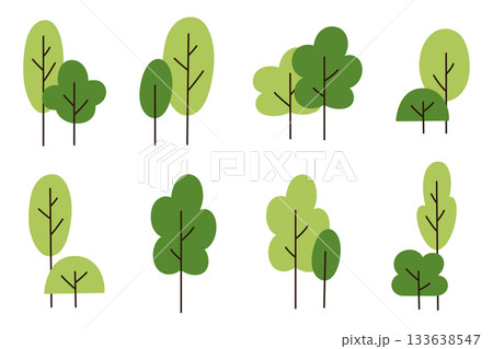 Vector illustration set with flat cartoon minimal doodle trees and bushes, simple hand drawn greenery collection, modern botanical elements for eco projects, branding, patterns, calm nature visuals 133638547