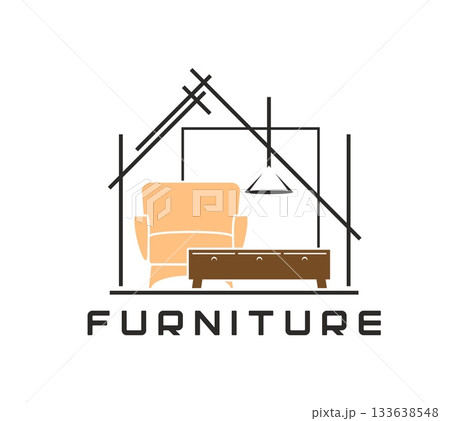 Home interior, living room furniture store icon. Home decor shop vector label, interior design company badge. House living room room furniture store icon with brown armchair, drawer and ceiling lamp Home interior, living room furniture store icon. Home decor shop vector label, interior design company badge. House living room room furniture store icon with brown armchair, drawer and ceiling lamp 133638548