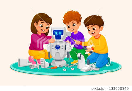 Kids constructioning or repairing robot from parts and tools, cartoon vector. Girl kid and young boys children assemble or repair robot or robotic bot and cyborg droid for futuristic invention study 133638549