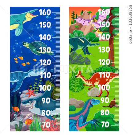 Kids height chart ruler with funny dinosaurs. Kids height chart, child pediatric stadiometer vector gauge with Tylosaurus, Archelon, Liopleurodon water and Amurosaurus, Lexovisaurus land dinosaurs 133638558