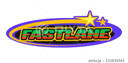 Motorsport race fastline Y2K retro sticker or tag. Rally race competition vintage vector label, grand prix retro sticker. Speed racing championship tag with shooting stars and typography 133638561