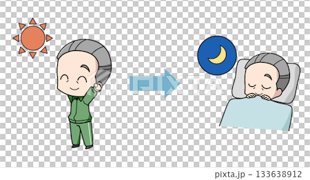 太陽の光を浴びてよく眠れた高齢男性のイラスト 133638912