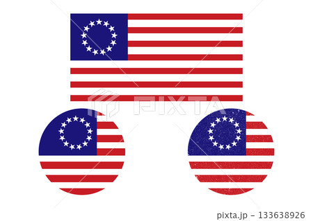 Betsy Ross Flag Graphics Set: Historical US Flag, Circles, and Grunge Texture. Betsy Ross Flag Graphics Set: Historical US Flag, Circles, and Grunge Texture. 133638926