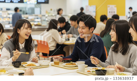 大学構内の食堂で昼食を食べるゼミ仲間　キャンパスライフ 133638937