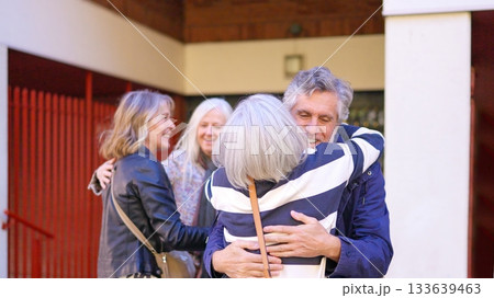 Senior friends greeting and hugging each other outdoors 133639463