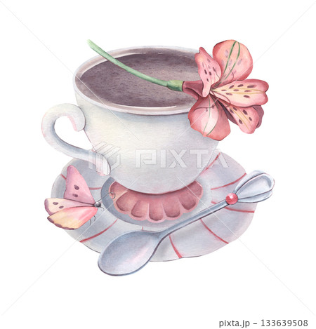Ceramic tea set, cup, saucer, teaspoon, alstroemeria flower, butterfly. Hand-painted watercolor illustration isolated on white for print, poster, invitation, branding, cards, textile, decor, design Ceramic tea set, cup, saucer, teaspoon, alstroemeria flower, butterfly. Hand-painted watercolor illustration isolated on white for print, poster, invitation, branding, cards, textile, decor, design 133639508