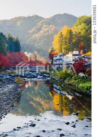 朝の香嵐渓の紅葉と待月橋(愛知県j豊田市足助町) 朝の香嵐渓の紅葉と待月橋(愛知県j豊田市足助町) 133639881