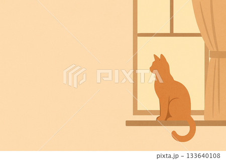 窓辺で外を眺める猫のコピースペースのあるイラスト 133640108
