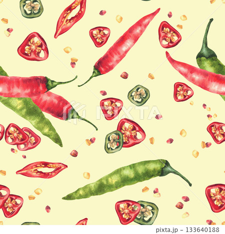 Watercolor hot chilli pepper seamless pattern. Green red vegetables pods and round sliced with seeds. Hand drawn illustrations Cayenne peppers spice for food fabric on Isolated yellow beige background 133640188