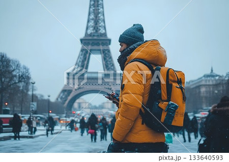 Parisian Winter Stroll with Eiffel Tower in Background 133640593