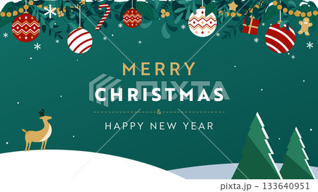 クリスマスオーナメントとトナカイで飾られたクリスマスの背景テンプレート(緑) クリスマスオーナメントとトナカイで飾られたクリスマスの背景テンプレート(緑) 133640951