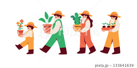 ガーデニングを楽しむ人々　鉢植え　植え替え　苗植え 133641639