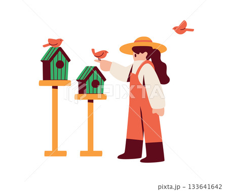 鳥の巣箱　小鳥を飼う人物のイラスト 133641642
