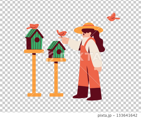鳥の巣箱　小鳥を飼う人物のイラスト 133641642