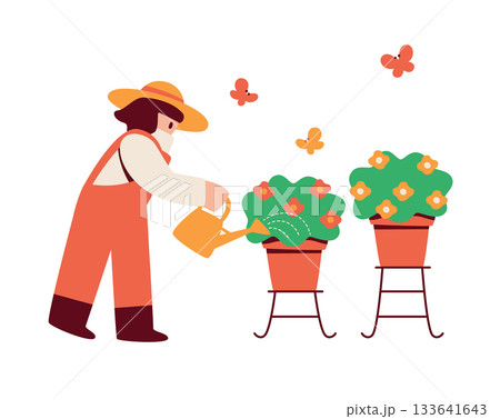 プランターの花に水やりをする人物のイラスト 133641643