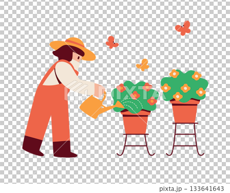 プランターの花に水やりをする人物のイラスト 133641643