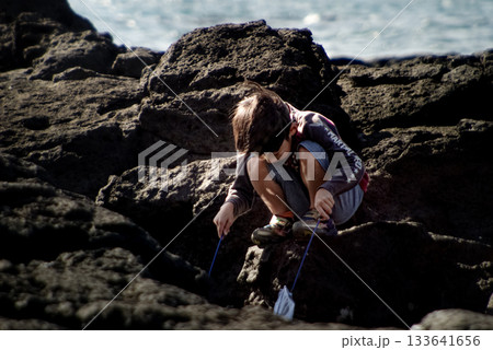 <素材>夏の海岸で磯遊びをする男の子 <素材>夏の海岸で磯遊びをする男の子 133641656