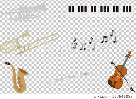 樂器插畫集:小號、長號、薩克斯風、長笛、小提琴、鍵盤樂器、音符 樂器插畫集:小號、長號、薩克斯風、長笛、小提琴、鍵盤樂器、音符 133641858