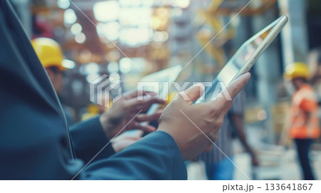 A group of project managers strategizing and sharing ideas on their tablets with a busy construction site in the background 133641867