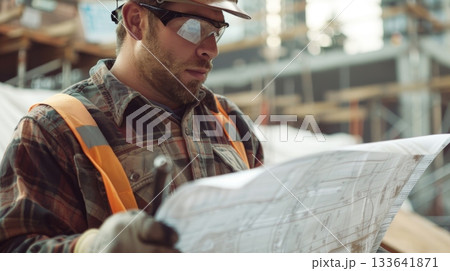 Even in the midst of a busy and chaotic construction site the worker remains focused as he studies his blueprint 133641871