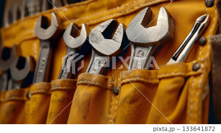 An array of different sized wrenches and pliers resting in a tool belts front pockets 133641872