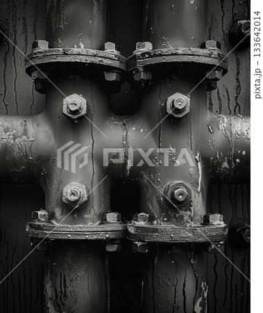 A closer look reveals the fine details of the pipes rivets bolts and welds holding them together. Black and white art. 133642014
