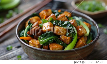 A hearty stirfry filled with tempeh bok choy and shiitake mushrooms A hearty stirfry filled with tempeh bok choy and shiitake mushrooms 133642308