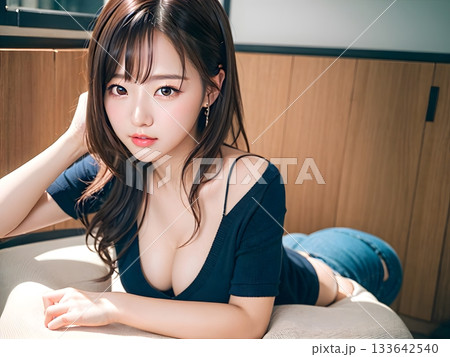 ソファーに座り読書する女性 133642540