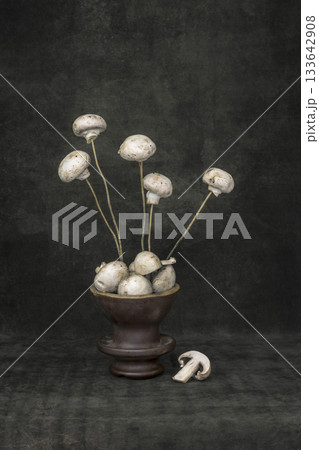Still life "Bouquet of mushrooms" with mushrooms on wooden sticks Still life "Bouquet of mushrooms" with mushrooms on wooden sticks 133642908