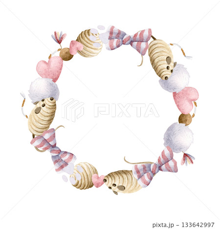 Watercolor cat toys round frame with balls, pompom, mouse toys, rope with feathers and bow. Cute wreath illustration in pastel beige and pink colors. Pet goods clip art for pet shops 133642997