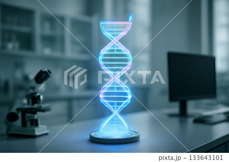 AI generated futuristic DNA hologram in a cutting-edge lab with neon blue and purple colors, symbolizing biotechnology and genetic research. The image evokes innovation, science, and technological 133643101