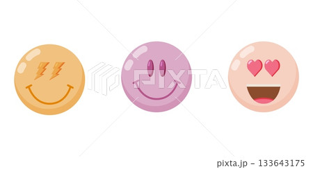 Set of three colorful retro smiley faces Set of three colorful retro smiley faces 133643175