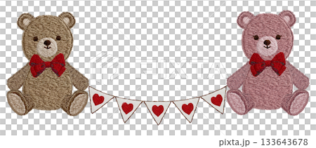 [Teddy bear and heart garland] Hand-embroidered illustration material 133643678