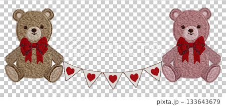 [Teddy bear and heart garland] Hand-embroidered illustration material 133643679