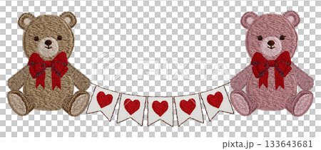 [Teddy bear and heart garland] Hand-embroidered illustration material 133643681