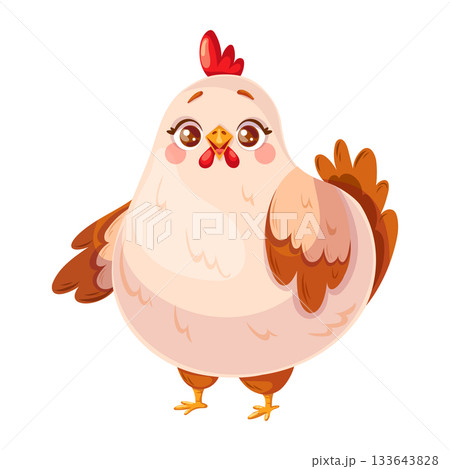 Cute cartoon chicken pointing its wing at something, a playful vector character suitable for childrens projects and food-related designs, featuring simple shapes and bright friendly details 133643828