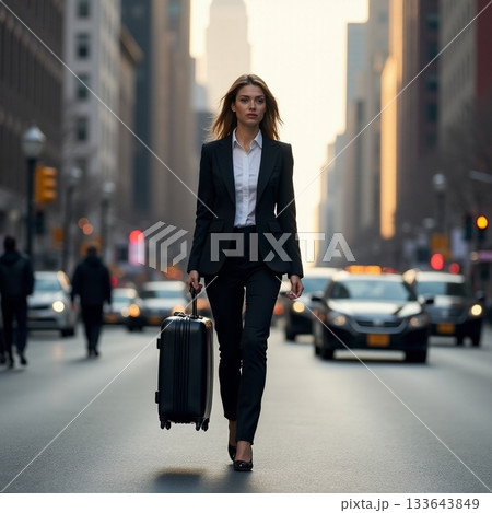 Businesswoman walking through busy city street at sunset Generative AI 133643849