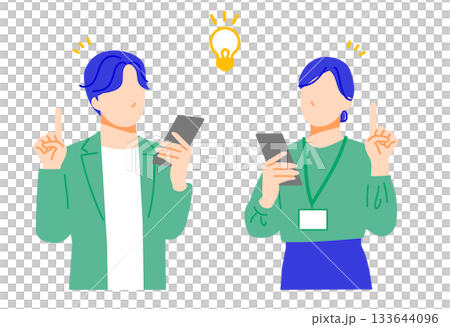 插圖描繪了男女商務人士手持智慧型手機,正在探討解決方案的情景。扁平化設計。 插圖描繪了男女商務人士手持智慧型手機,正在探討解決方案的情景。扁平化設計。 133644096