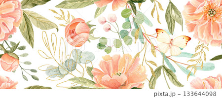 Delicate peonies in soft peach tones watercolor seamless pattern on white. Hand-painted with high detail, perfect for wedding invitations, branding, packaging, fabric design, cards. Gold, green leaves Delicate peonies in soft peach tones watercolor seamless pattern on white. Hand-painted with high detail, perfect for wedding invitations, branding, packaging, fabric design, cards. Gold, green leaves 133644098