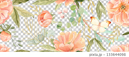 Delicate peonies in soft peach tones watercolor seamless pattern on white. Hand-painted with high detail, perfect for wedding invitations, branding, packaging, fabric design, cards. Gold, green leaves Delicate peonies in soft peach tones watercolor seamless pattern on white. Hand-painted with high detail, perfect for wedding invitations, branding, packaging, fabric design, cards. Gold, green leaves 133644098